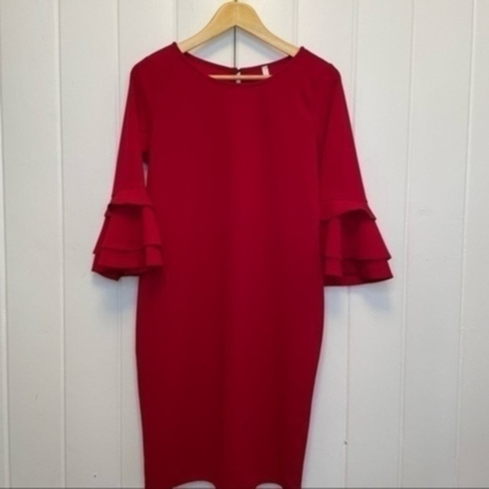 PinkBlush Red Layered Ruffle Sleeve Maternity Fitted Dress​​​ - Picture 2 of 13